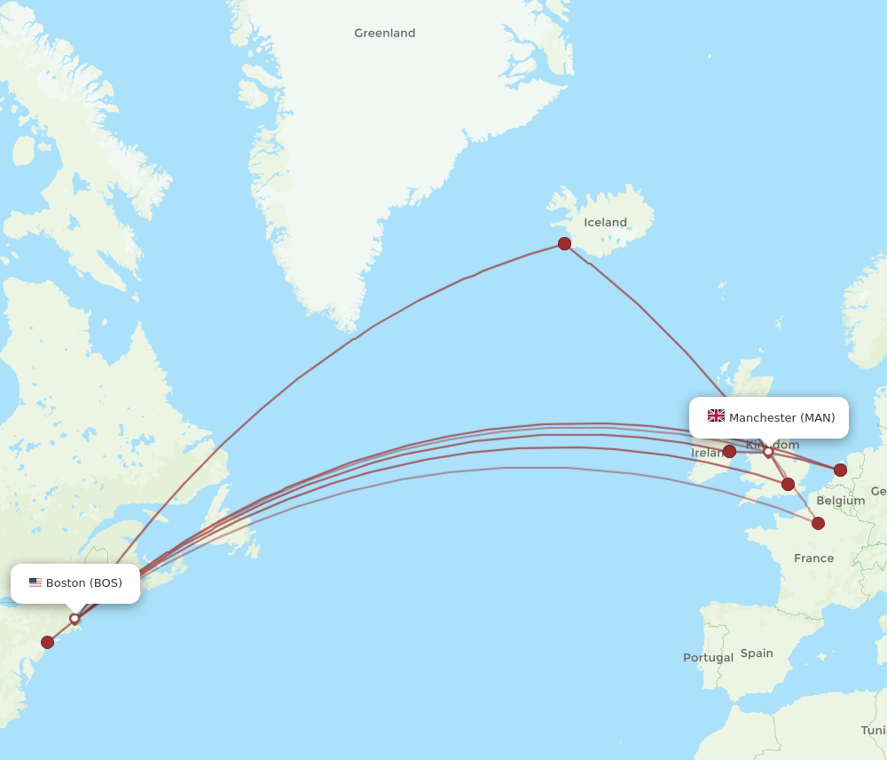 MAN to BOS flights and routes map