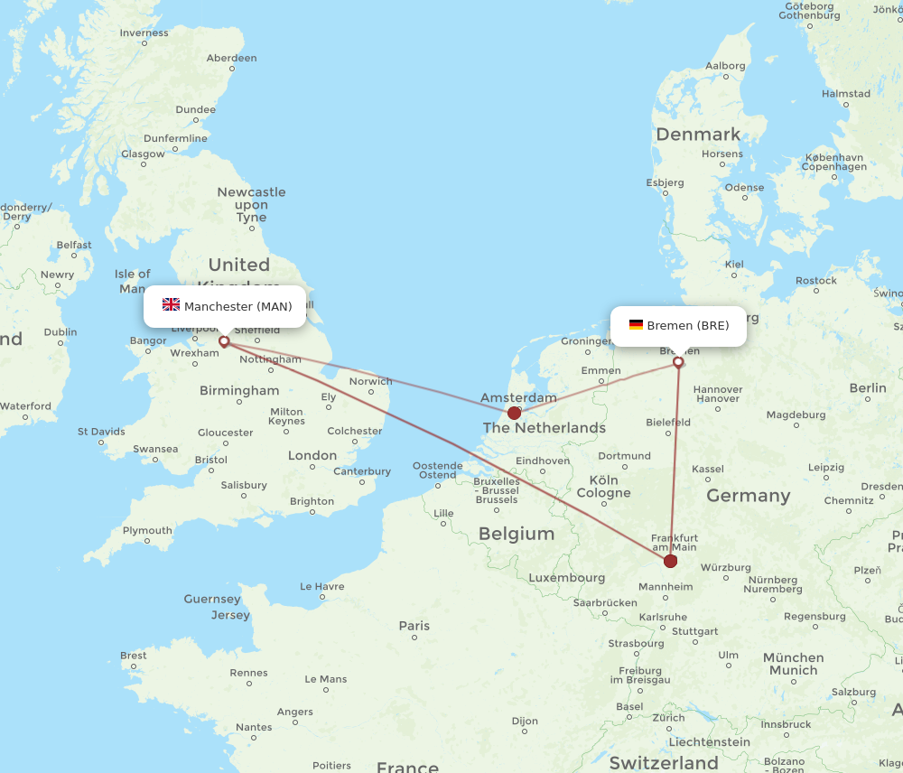 MAN to BRE flights and routes map