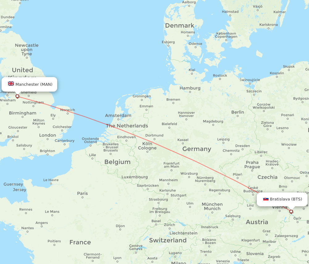 Manchester - Bratislava route map and flight paths