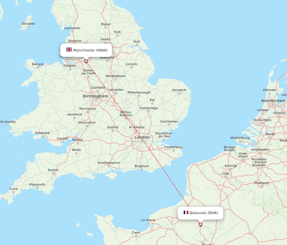Manchester - Paris route map and flight paths