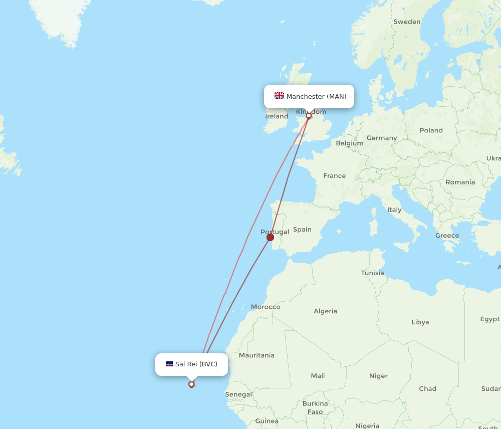 Manchester - Boa Vista route map and flight paths