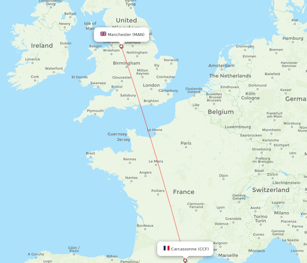 Manchester - Carcassonne route map and flight paths
