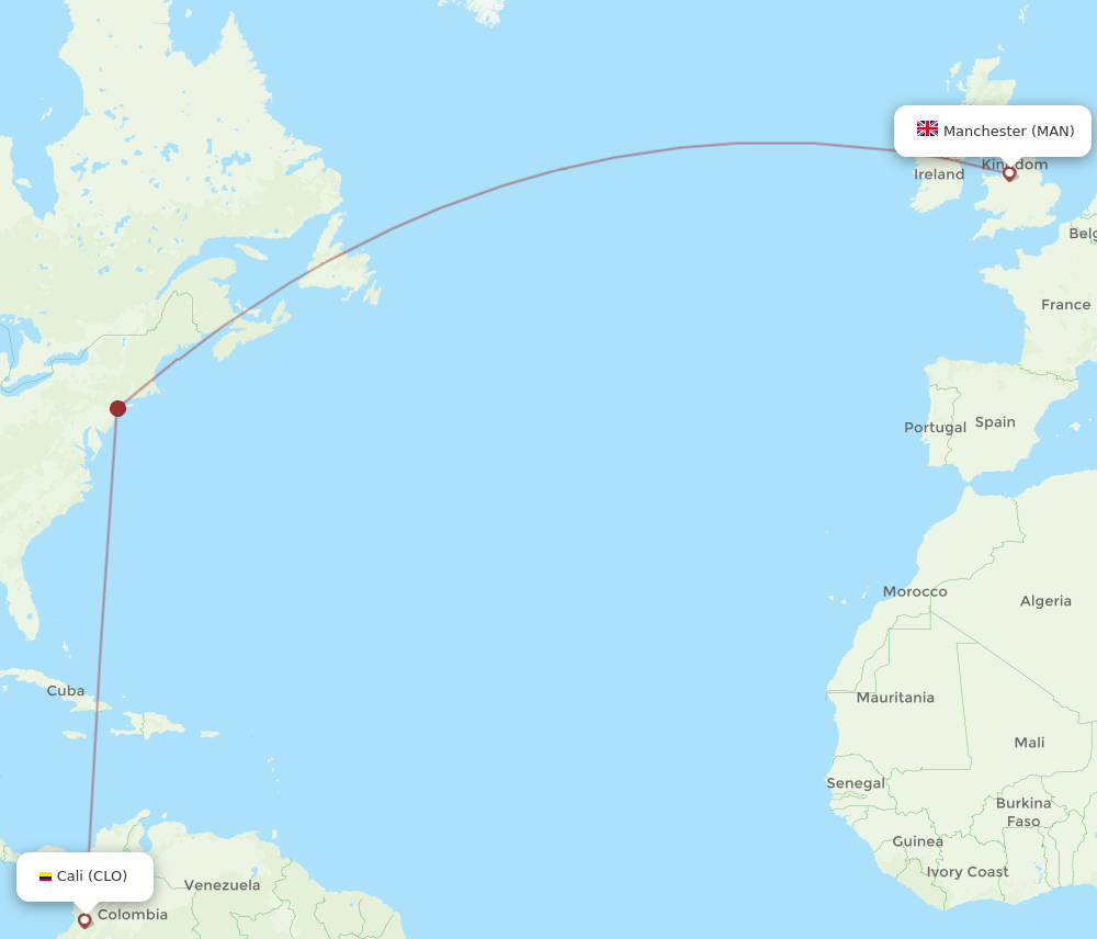 Manchester - Cali route map and flight paths