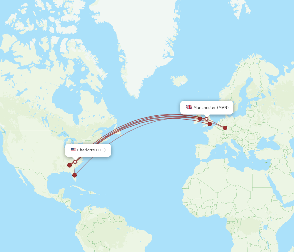 MAN to CLT flights and routes map