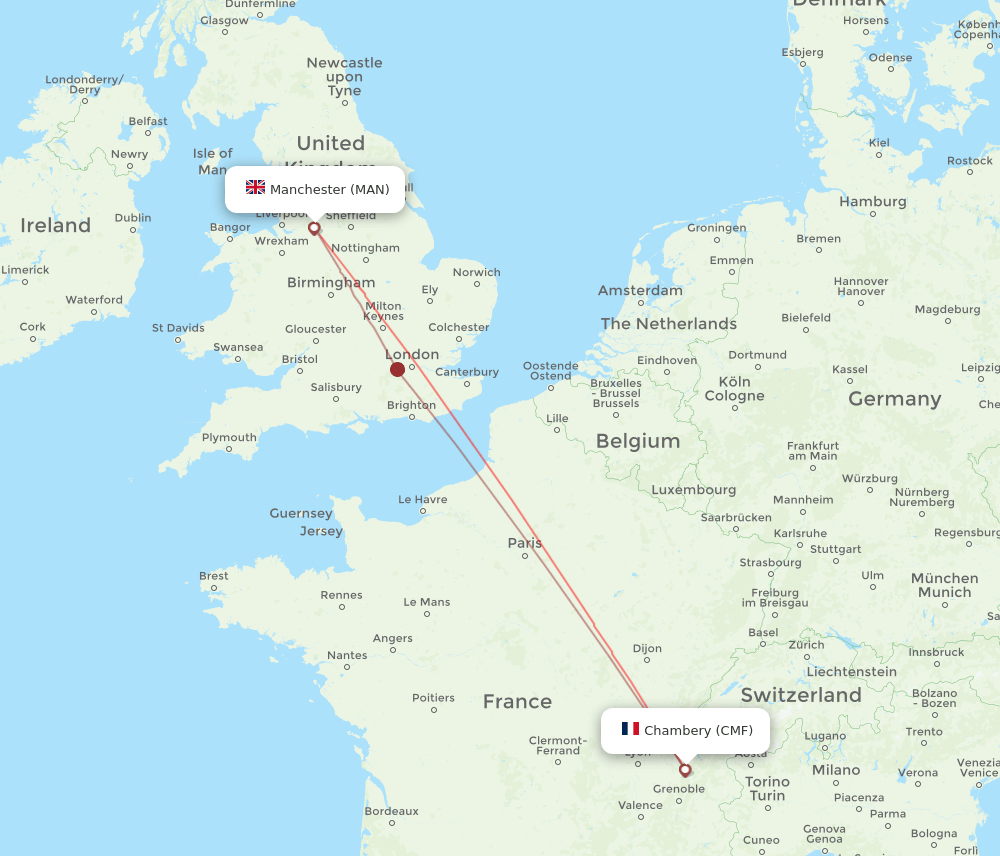 Manchester - Chambery route map and flight paths