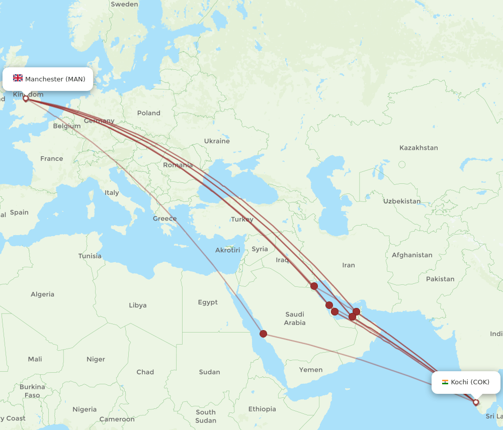 MAN-COK flight routes