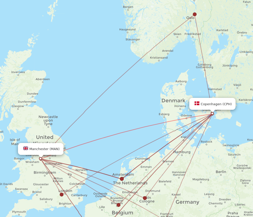 MAN to CPH flights and routes map