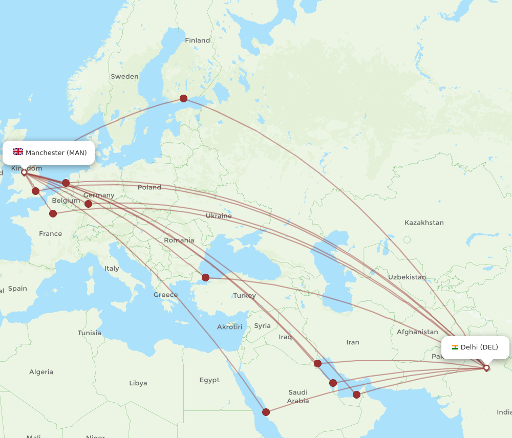 MAN to DEL flights and routes map