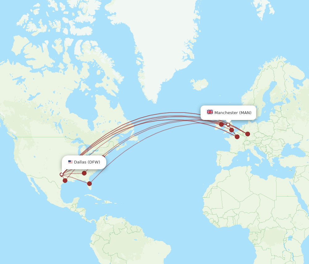 MAN to DFW flights and routes map