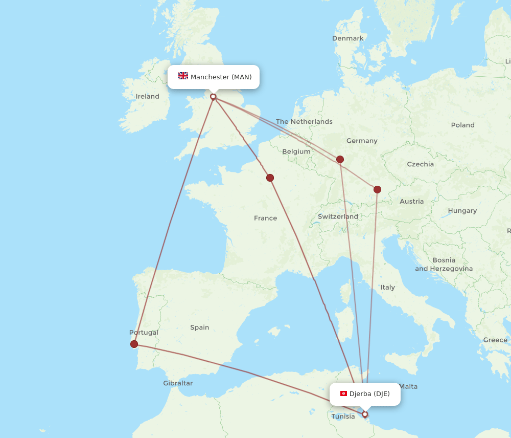 MAN to DJE flights and routes map