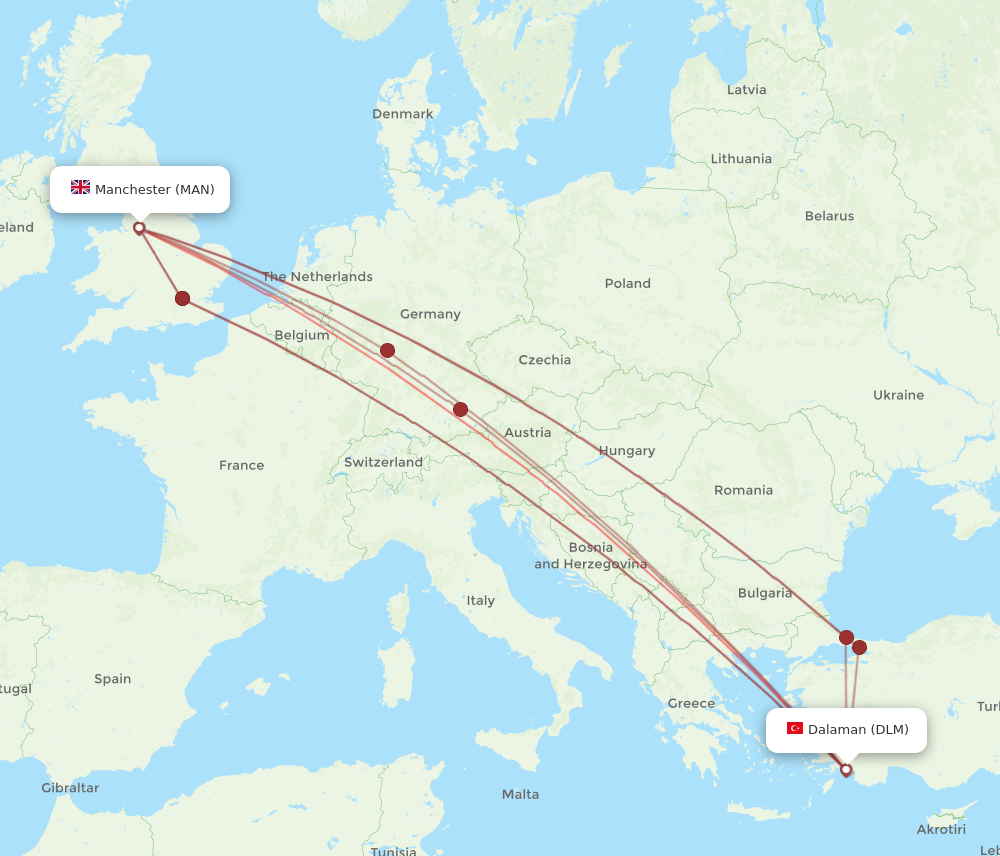 MAN to DLM flights and routes map