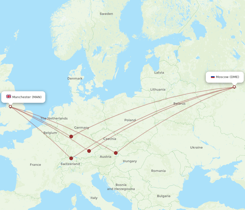 Manchester - Moscow route map and flight paths