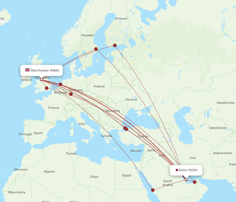 MAN to DOH flights and routes map