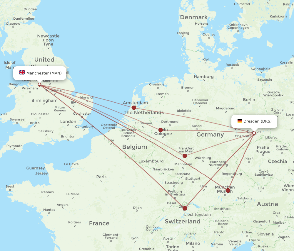 MAN to DRS flights and routes map