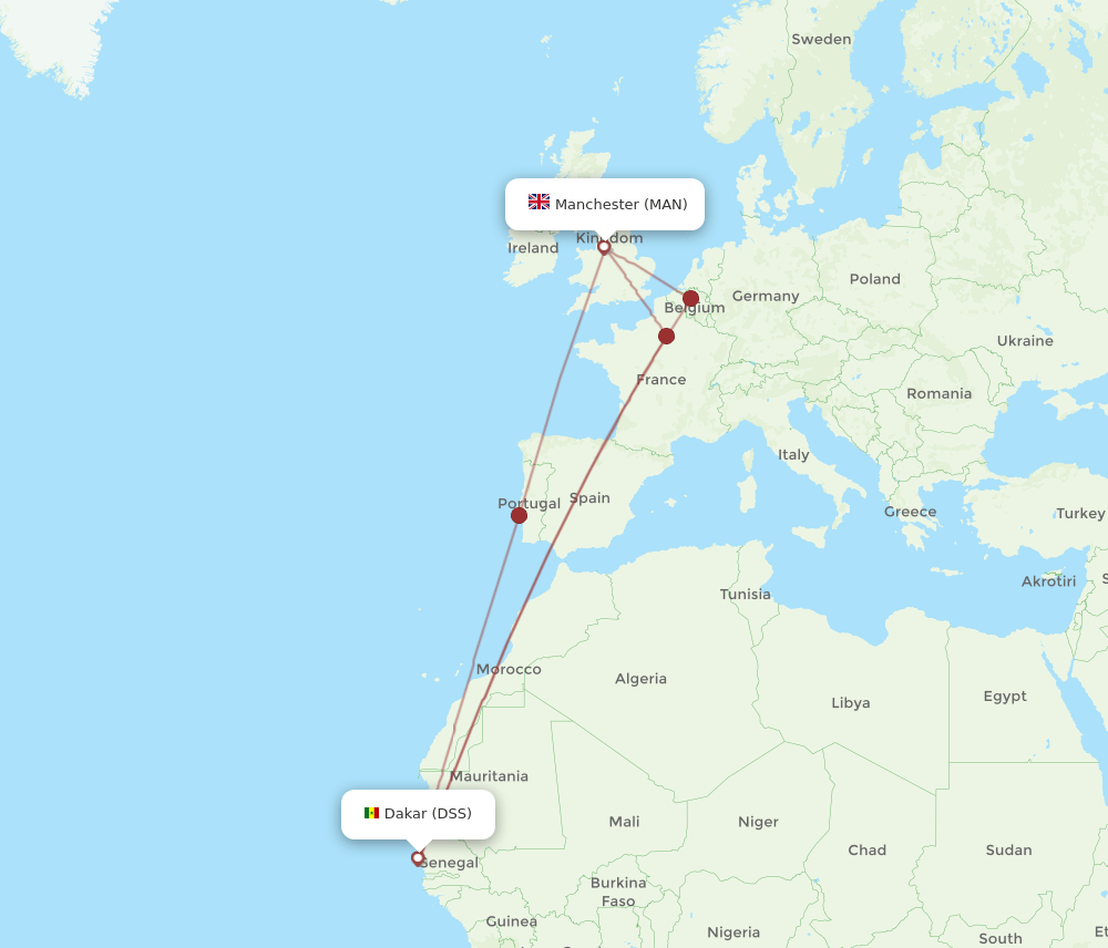 MAN to DSS flights and routes map