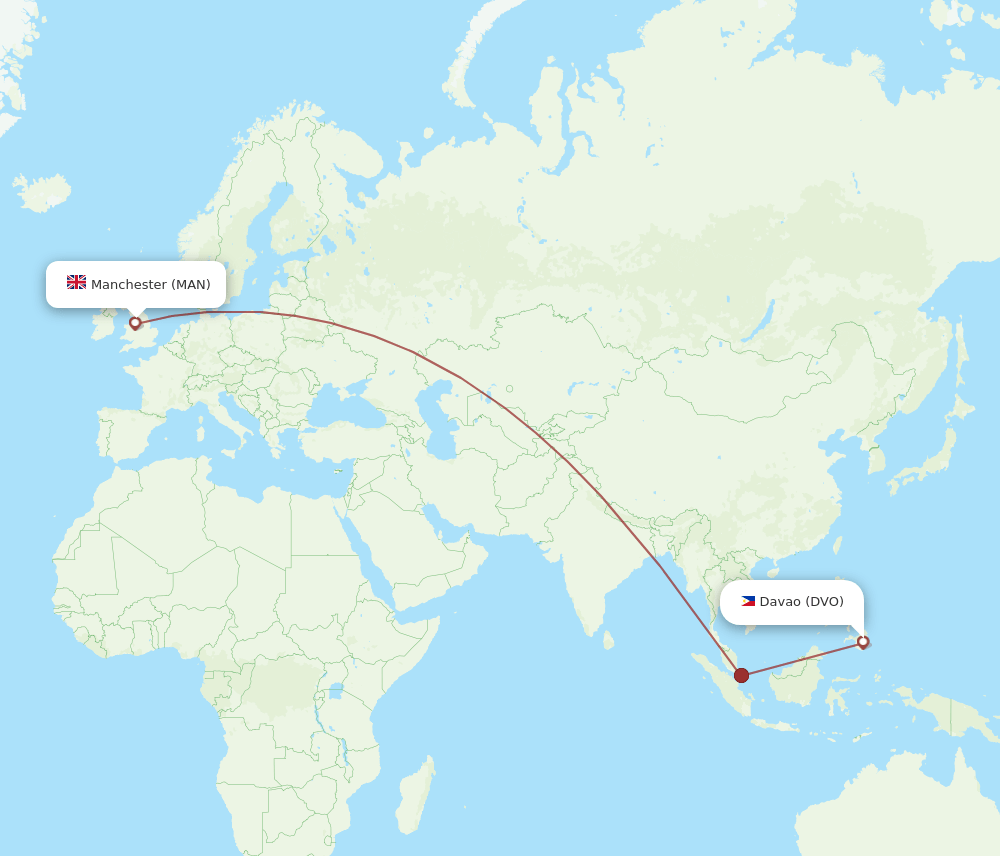Davao - Manchester route map and flight paths