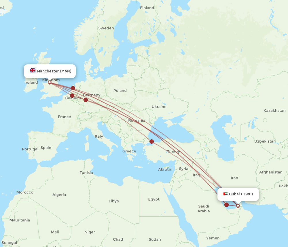 MAN to DWC flights and routes map