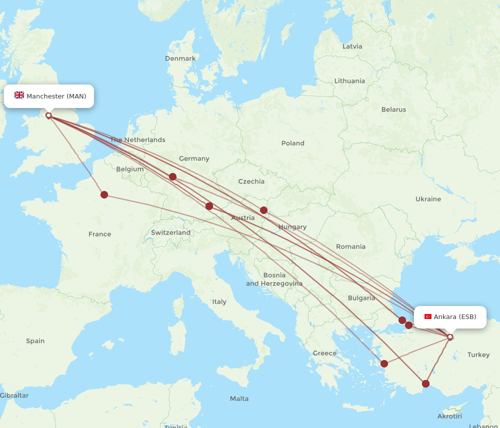 MAN to ESB flights and routes map