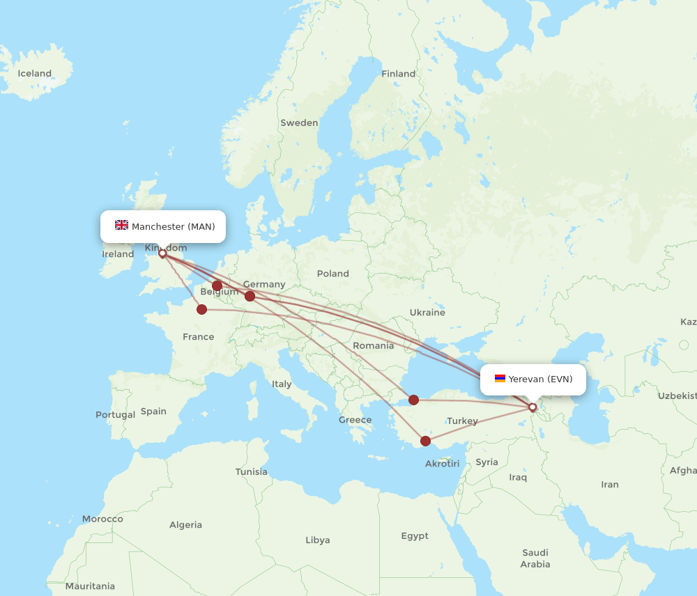 MAN to EVN flights and routes map