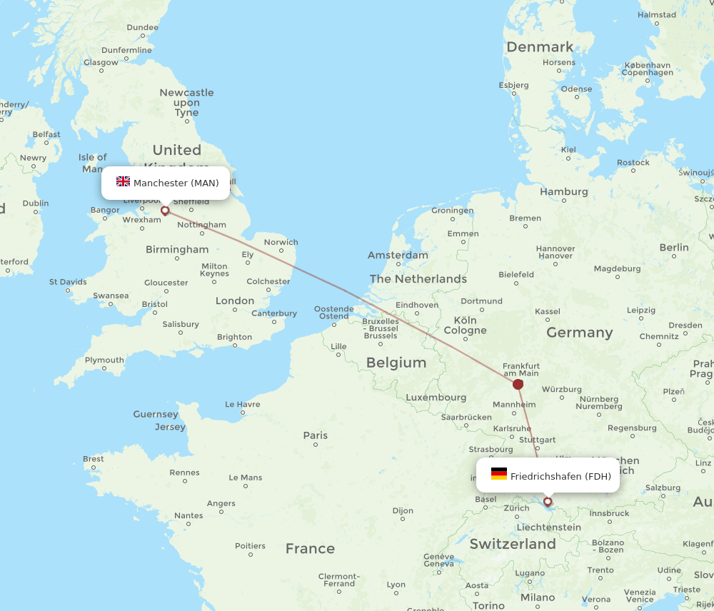 Manchester - Friedrichshafen route map and flight paths