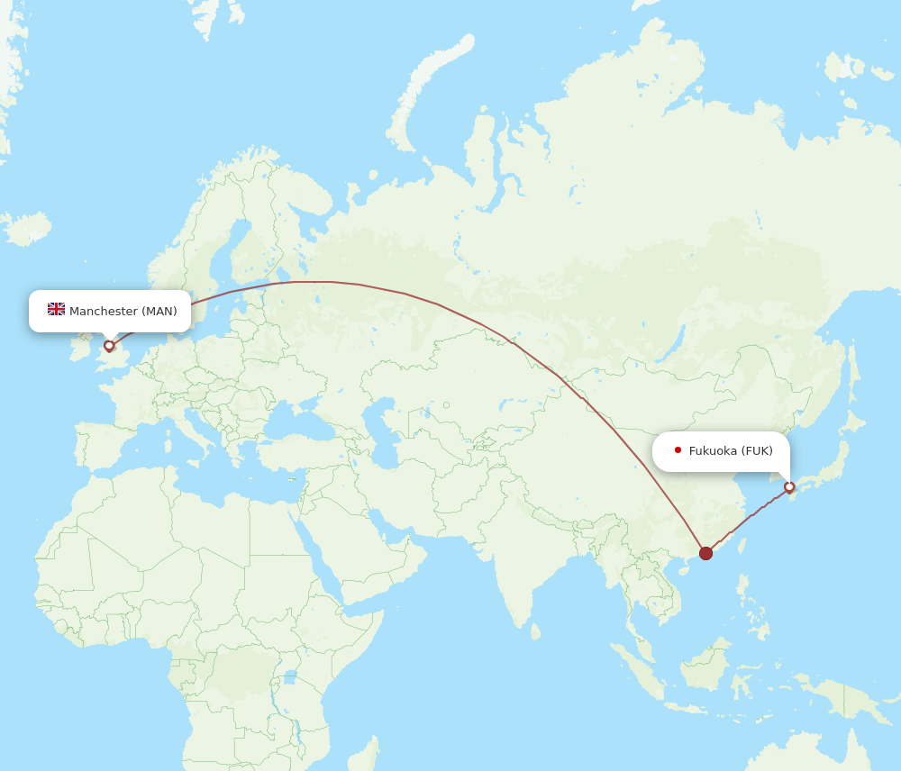 Fukuoka - Manchester route map and flight paths