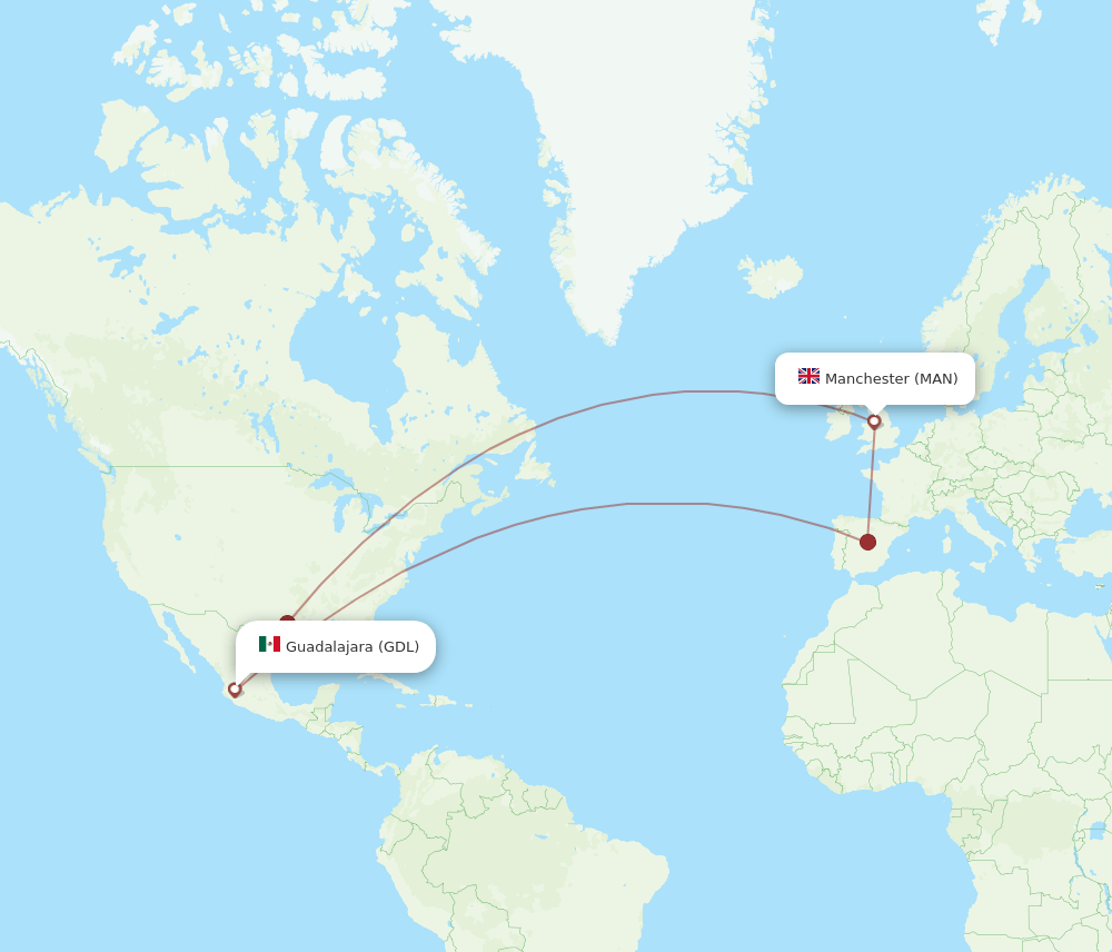 Manchester - Guadalajara route map and flight paths