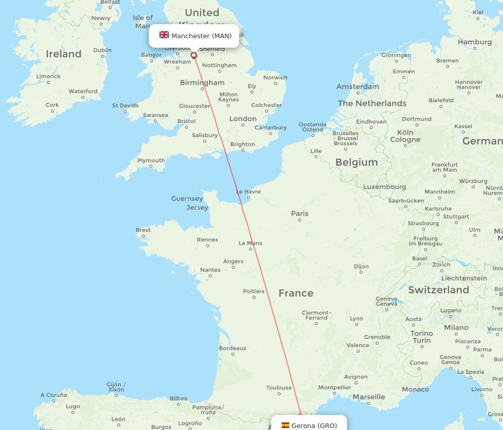 Manchester - Girona route map and flight paths
