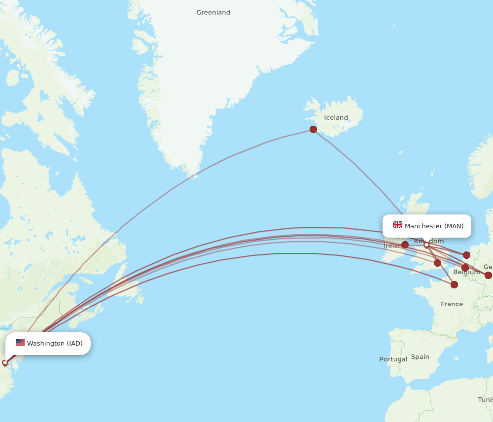 MAN to IAD flights and routes map