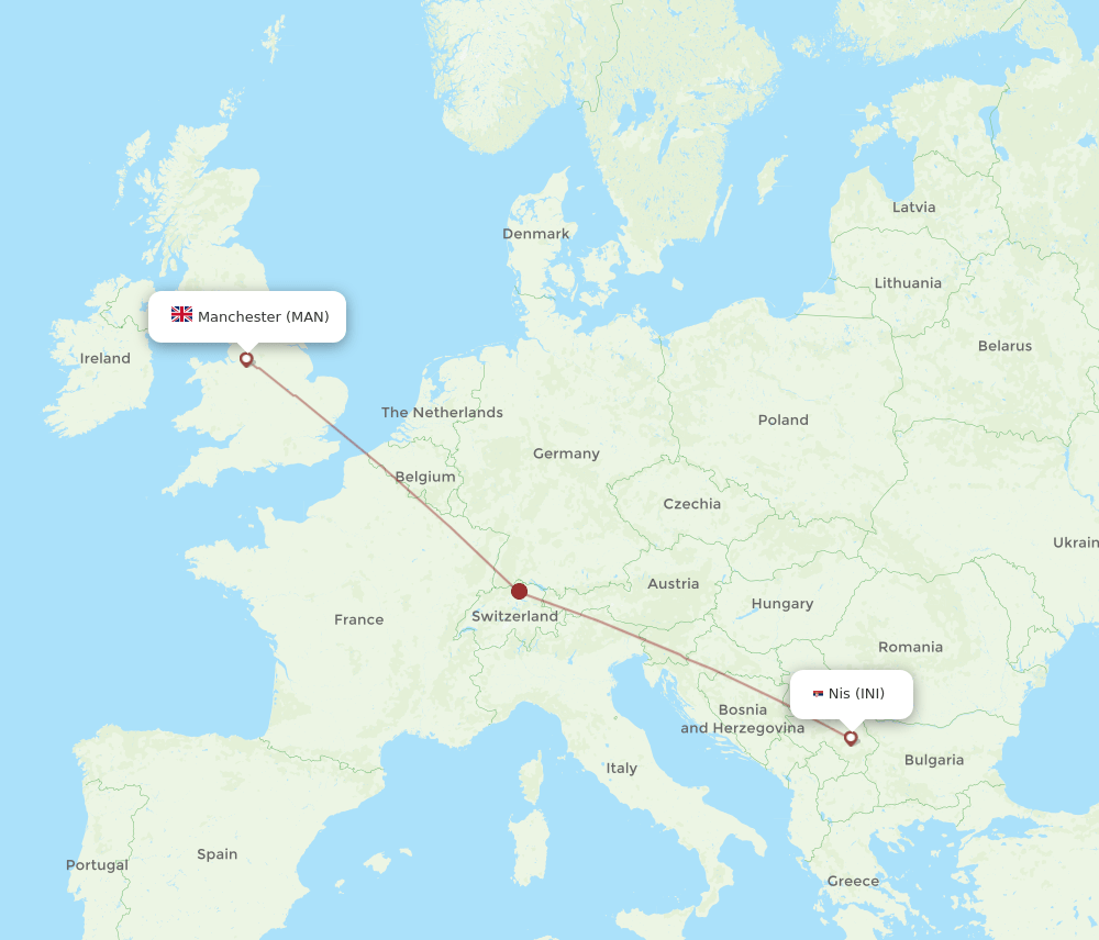 Nis - Manchester route map and flight paths