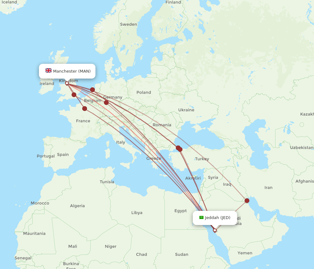 MAN to JED flights and routes map
