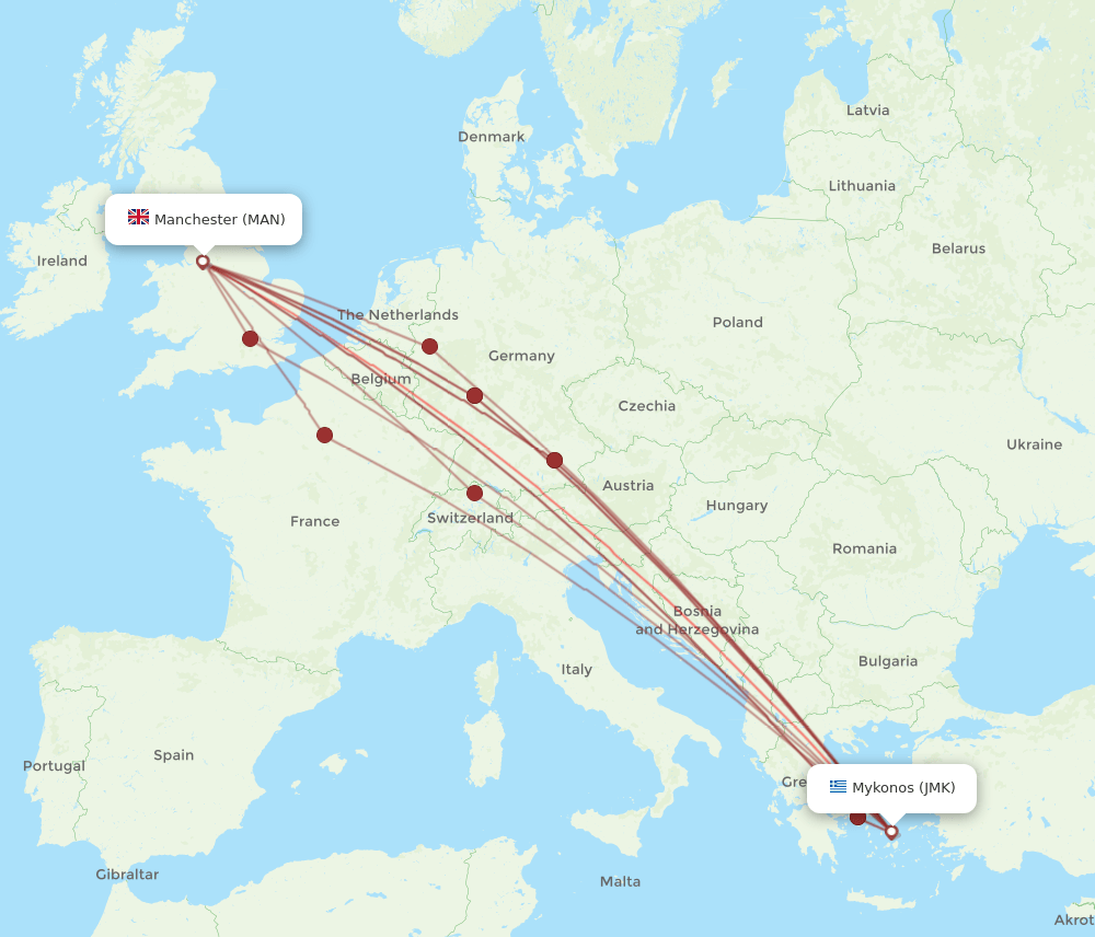 MAN-JMK flight routes