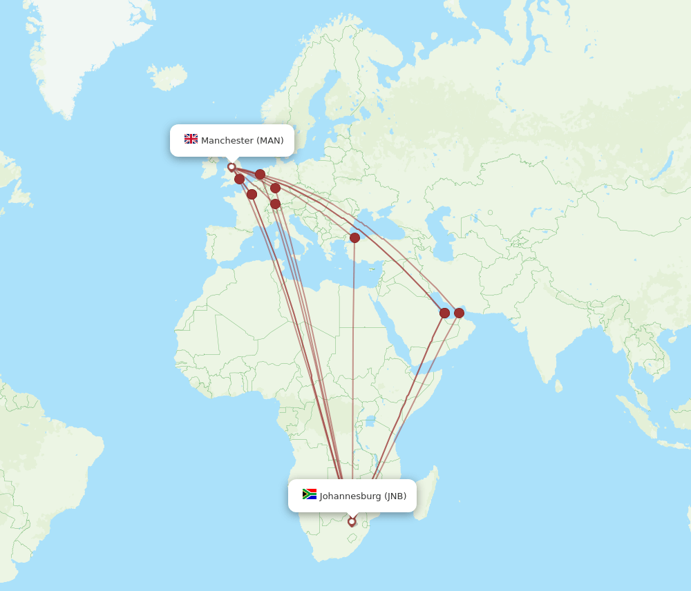 MAN to JNB flights and routes map