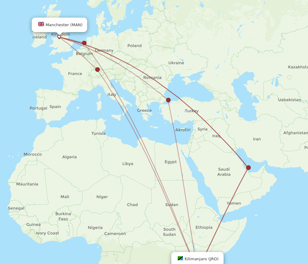 MAN-JRO flight routes