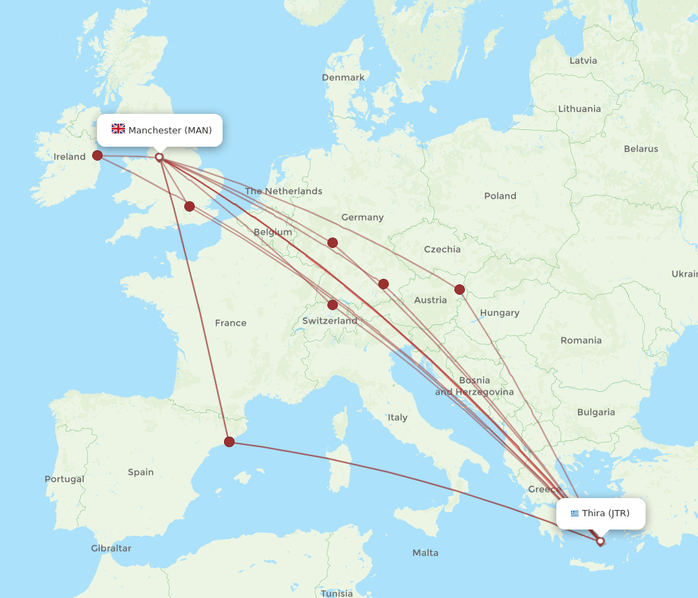 MAN-JTR flight routes