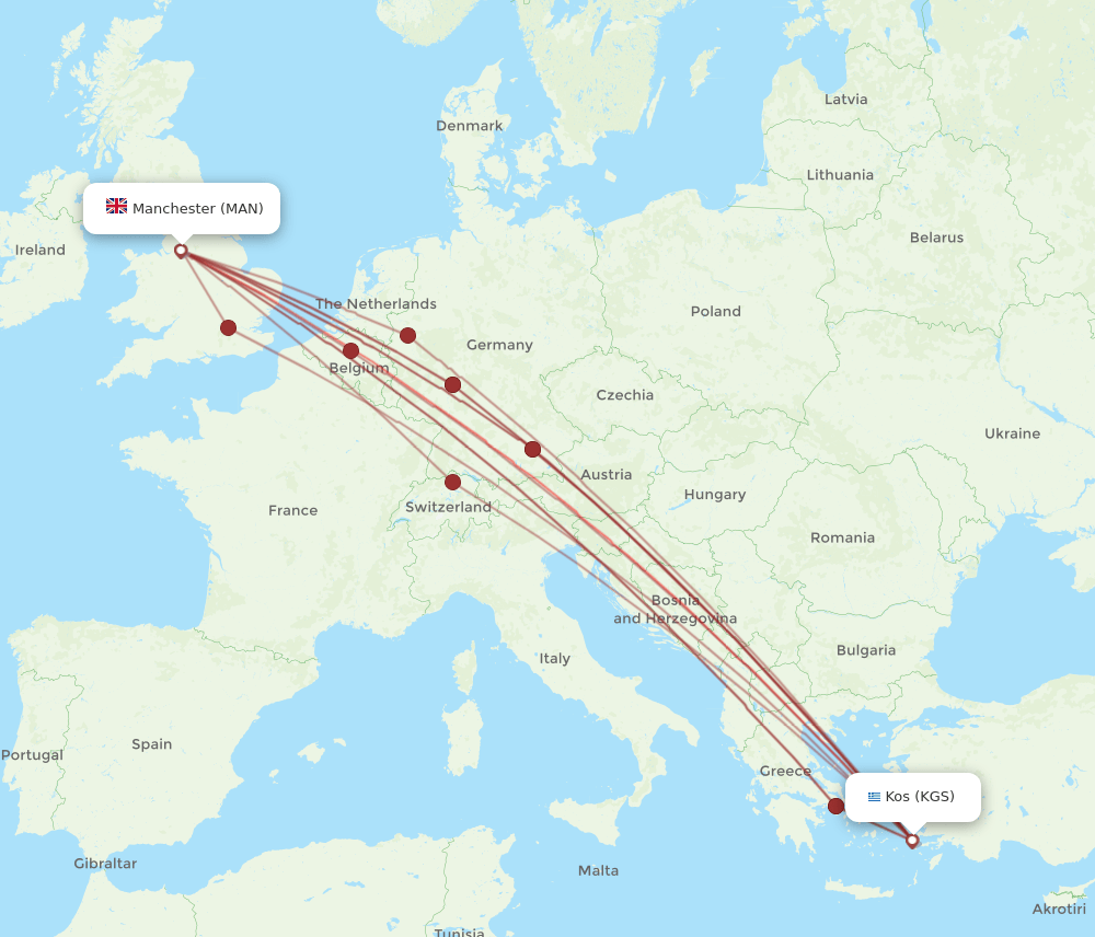 MAN to KGS flights and routes map