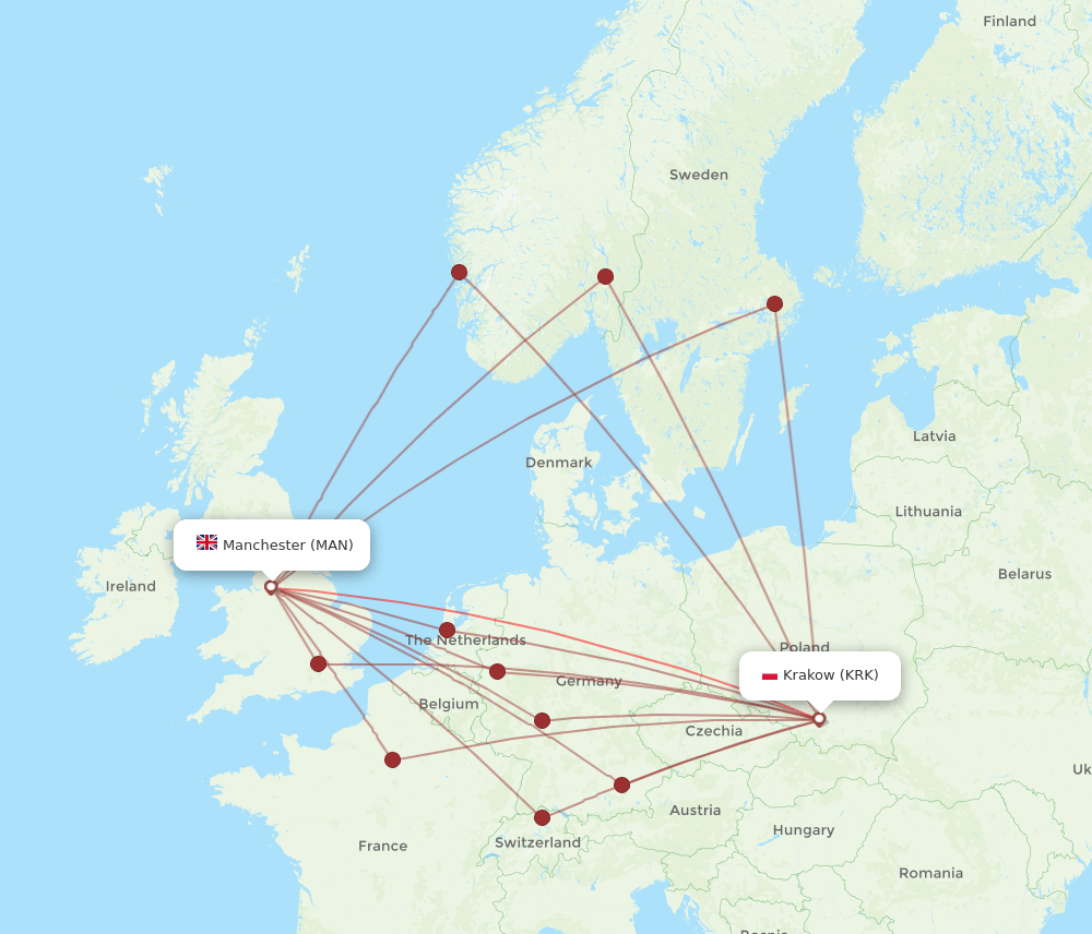 MAN to KRK flights and routes map