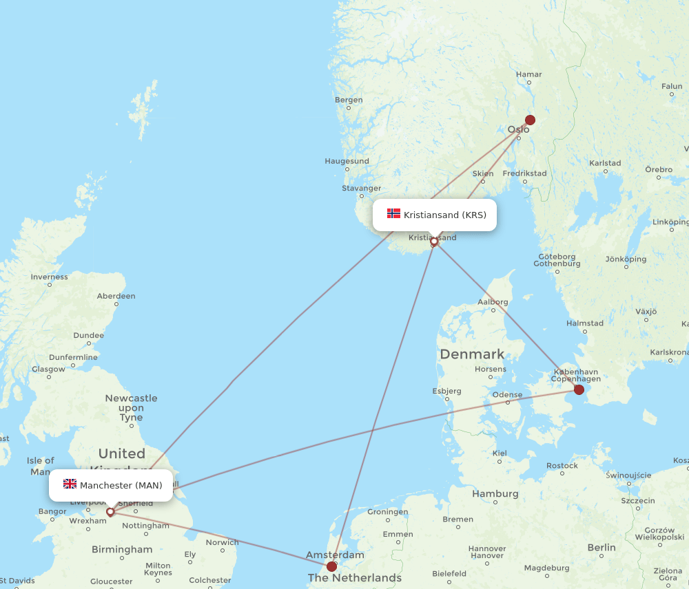 MAN-KRS flight routes