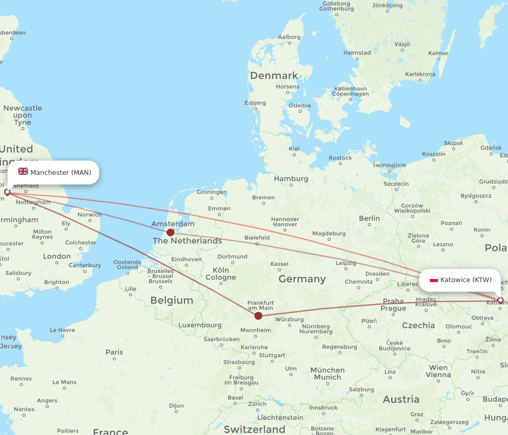 MAN to KTW flights and routes map