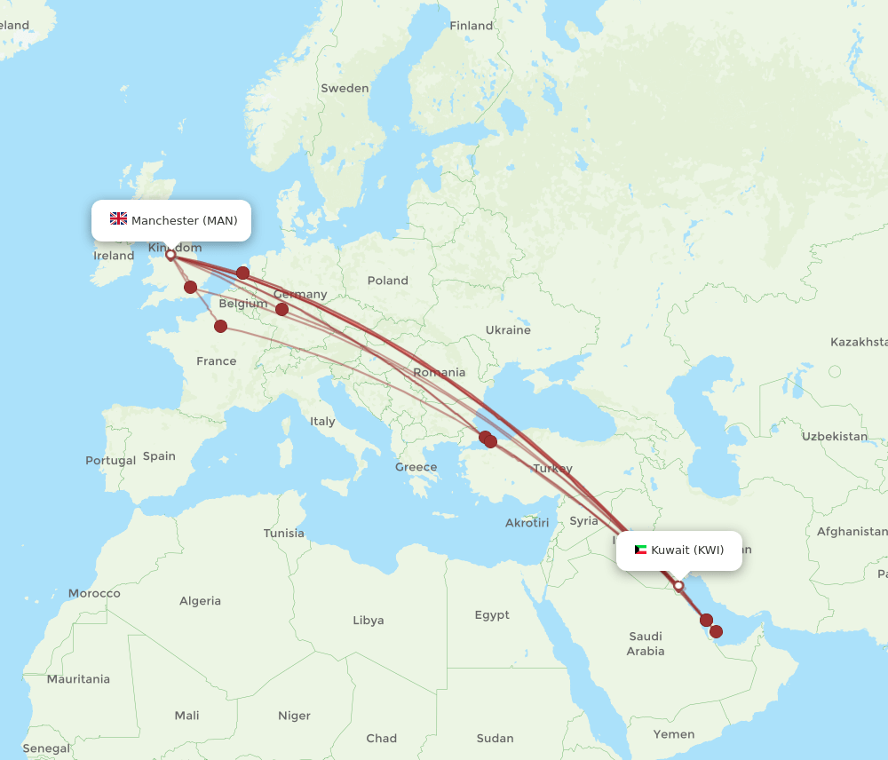 MAN to KWI flights and routes map