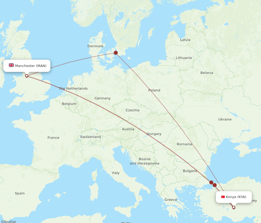 MAN to KYA flights and routes map
