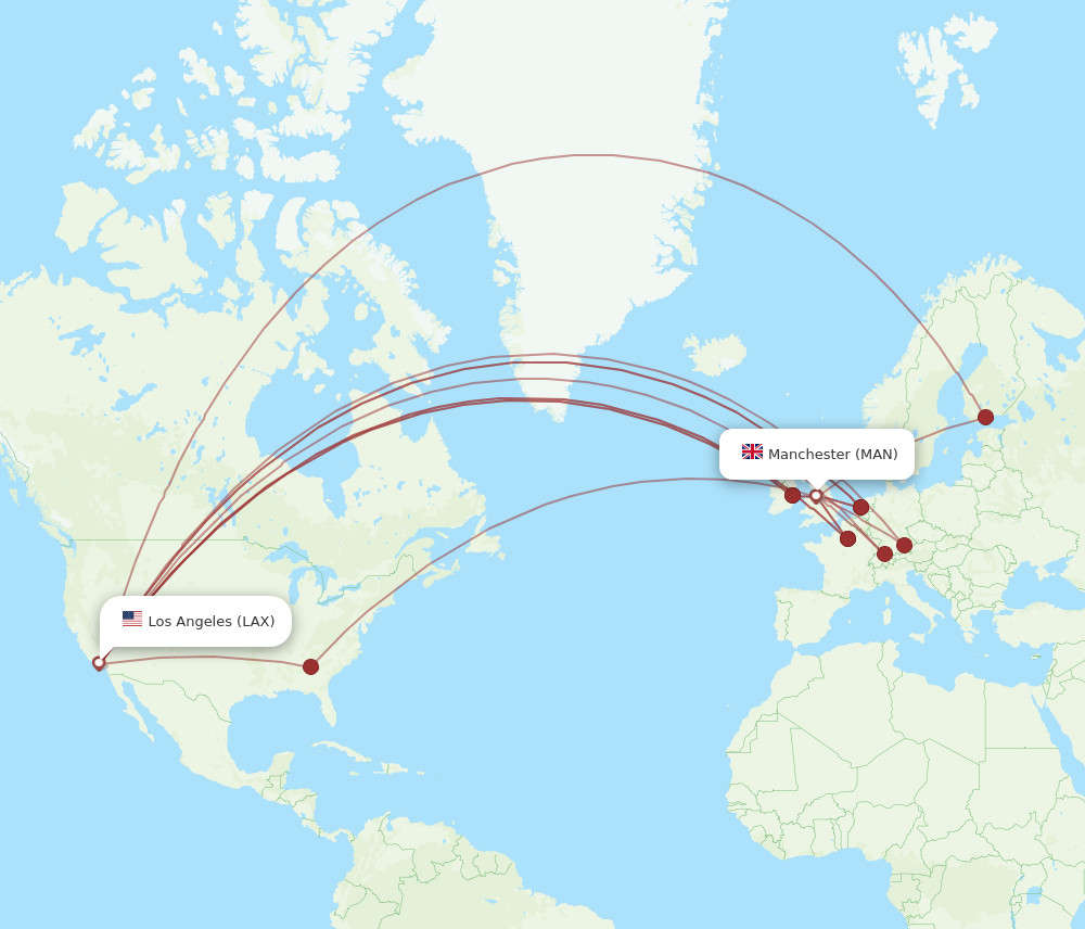 MAN to LAX flights and routes map