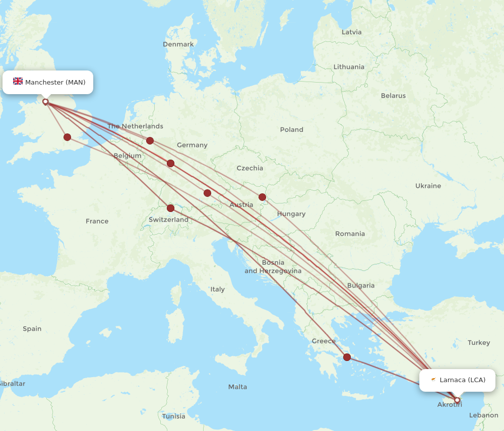 MAN to LCA flights and routes map
