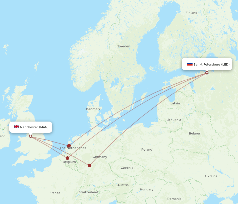 Manchester - Saint Petersburg route map and flight paths