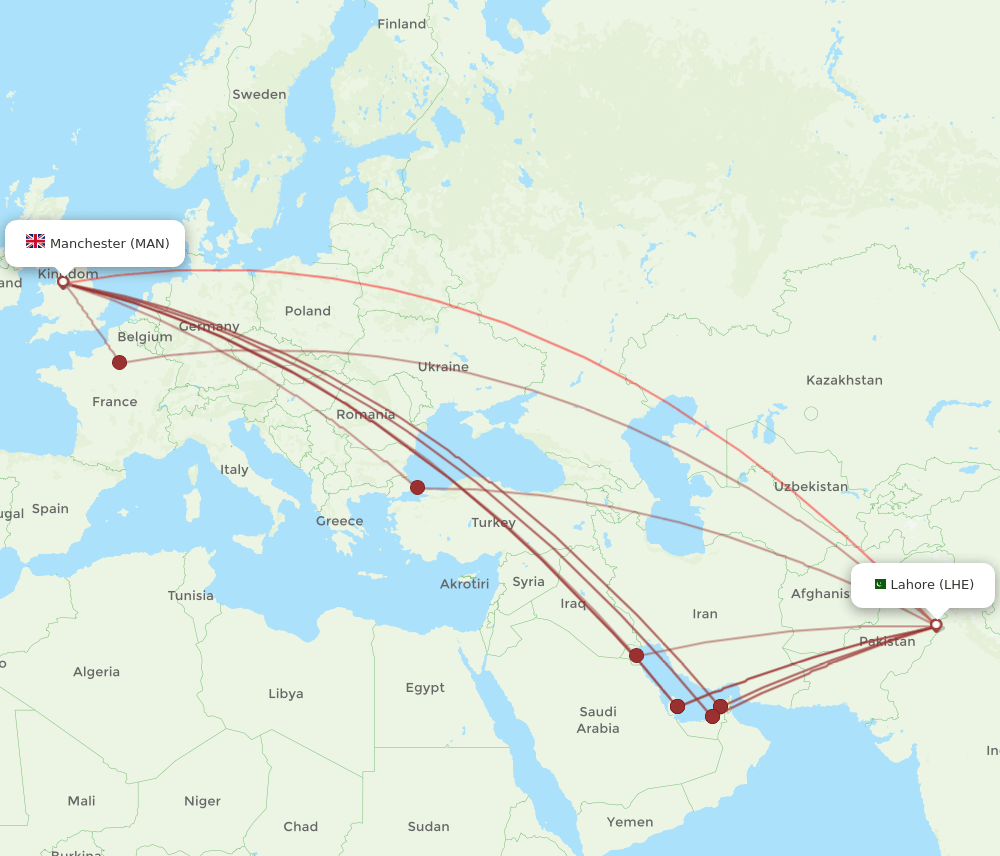 MAN-LHE flight routes
