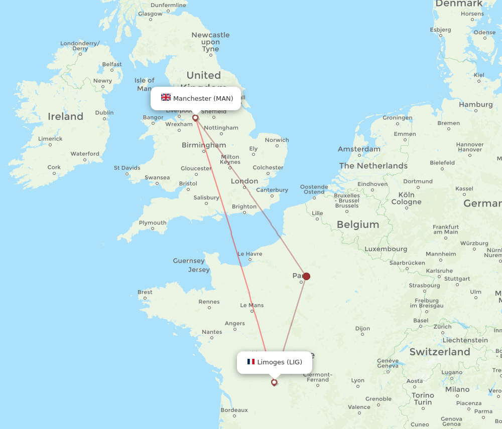 Manchester - Limoges route map and flight paths