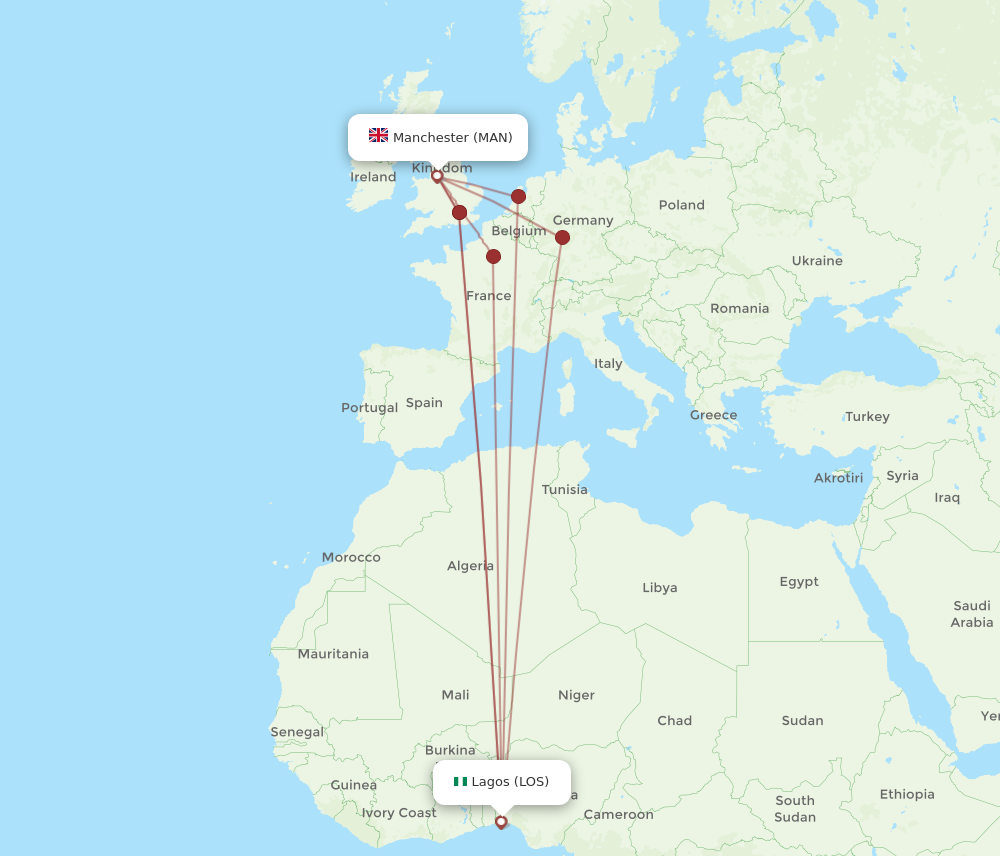 MAN to LOS flights and routes map