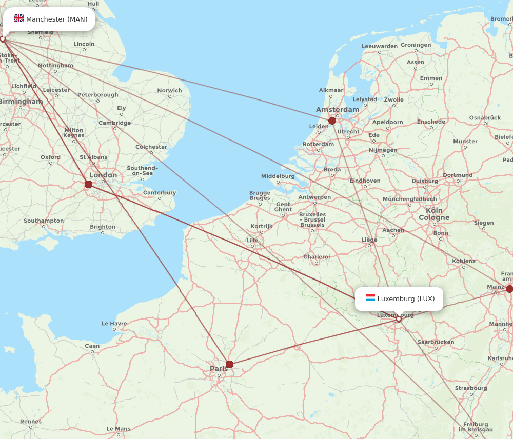 MAN to LUX flights and routes map