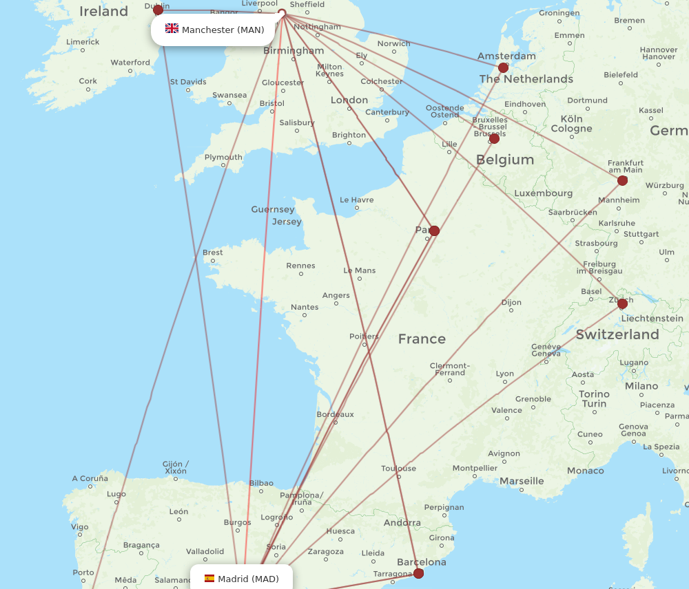 MAN to MAD flights and routes map