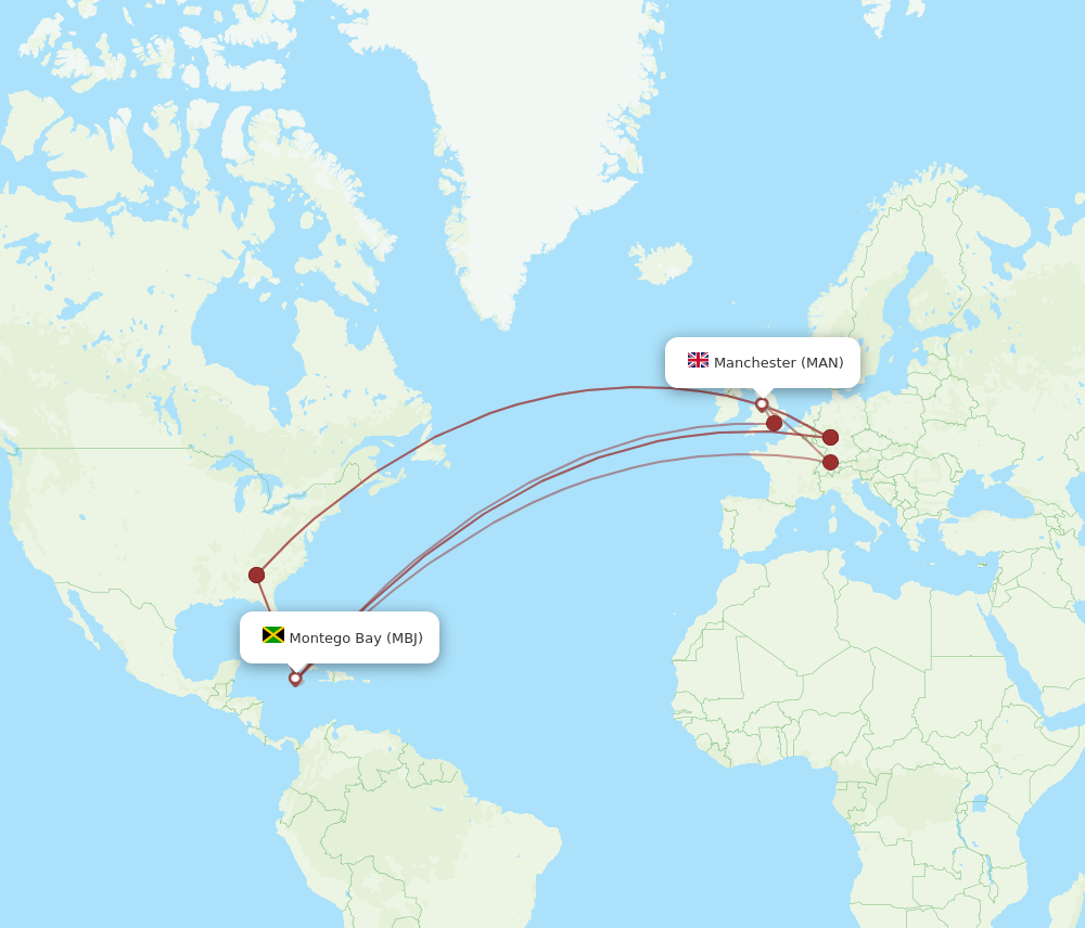 MAN to MBJ flights and routes map
