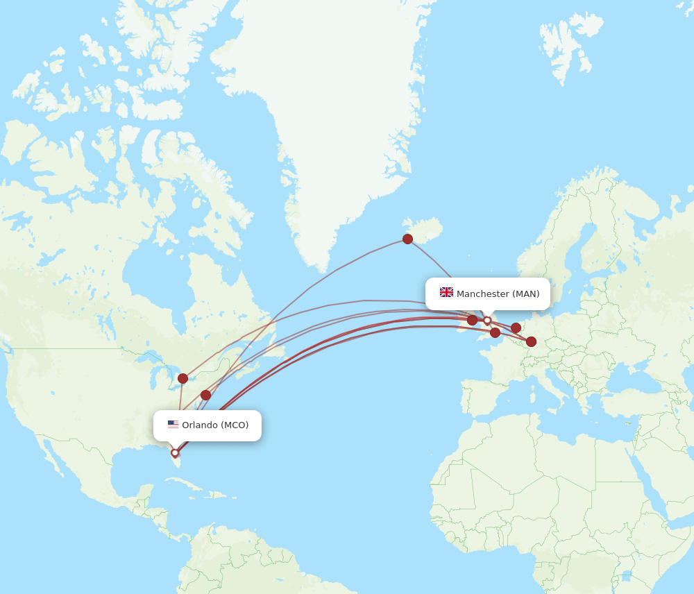 MAN to MCO flights and routes map